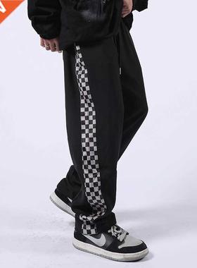Checkerboard Plaid Pants Men's Side Stripes Loose Straig