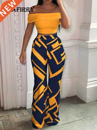 Matching Set Women Slash Neck Pullover Top High Elastic Wais