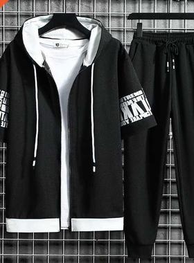 Men's Sets Hooded Zipper Short Sleeve Tops+ Elastic Waist Tr