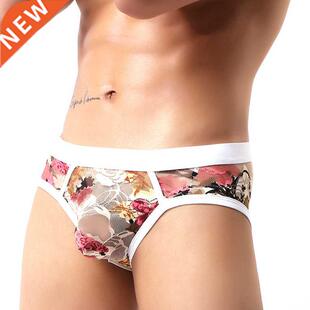 Men Flower Print Mesh Transparent Breathable Boxer Underpant