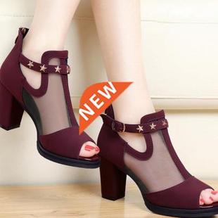 Women Pumps High Thick Black Heels Ladies Shoes Rivet Mesh Z