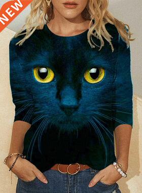 Women Blouse Top Cat Chasing The Moon Print shirt Plus Size