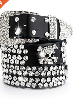Vintage Rhinestone Skull Belts for Women Wide Buckle Belt Fo