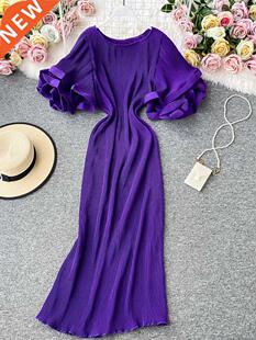 Casual Round Neck Flare Short Sleeve Pleated Long Dress Vint