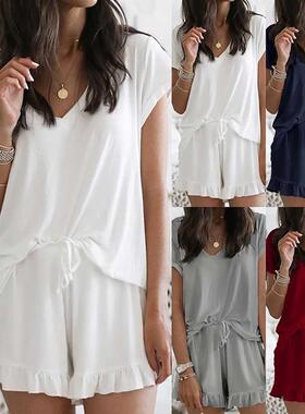 Women's Pjms Set for Femle Two-Piece Ruffle Solid Color