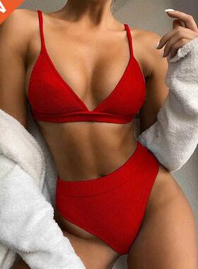 Push Up Bikini Set Swimsuits High Waist Swimwear Women Ribbe
