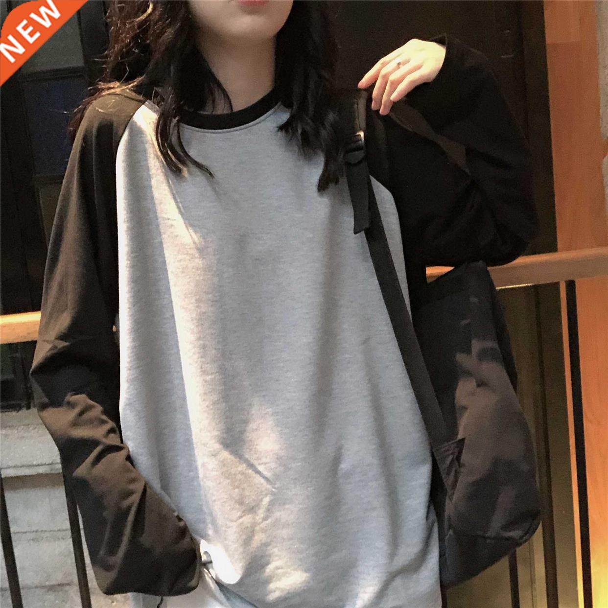 New 2020 Female T-shirt Round collar Contrast Color Long Sle