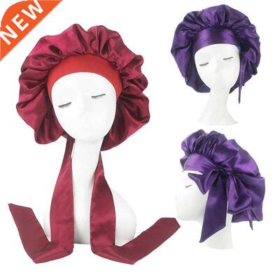 Solid Satin Bonnet with Wide Stretch Ties Long Hair Care Com