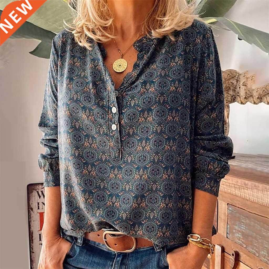 40#Vintage Blouses Women Clothing Plus Size Casual Button Lo