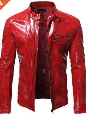 S-5XL Glossy Leather Jacket Men's Fall Fashion Slim Stand Co