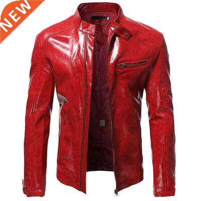 S-5XL Glossy Leather Jacket Men's Fall Fashion Slim Stand Co