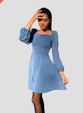 CHURSES Solid Casual Spring Mini Dress Puff Sleeve Square Ne