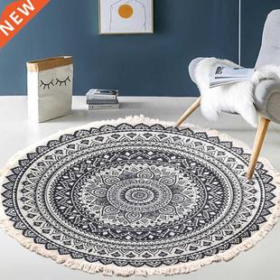 Retro Bohemian Round Carpet Hand Woven Cotton Linen Carpet R