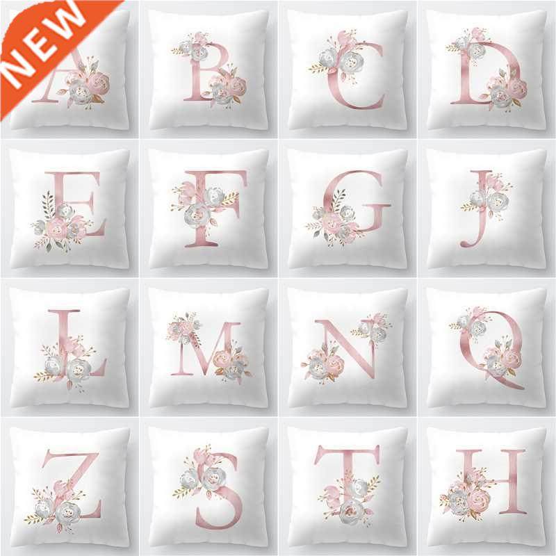 Pink Letter Decorative Floral Pillow Gold Alphabet Cushion f