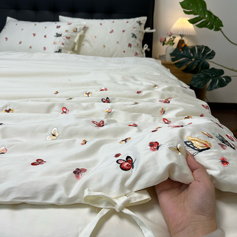 浪漫彩蝶 绣花全棉纯棉四件套贡缎轻奢春季春夏白色亲肤床上用品