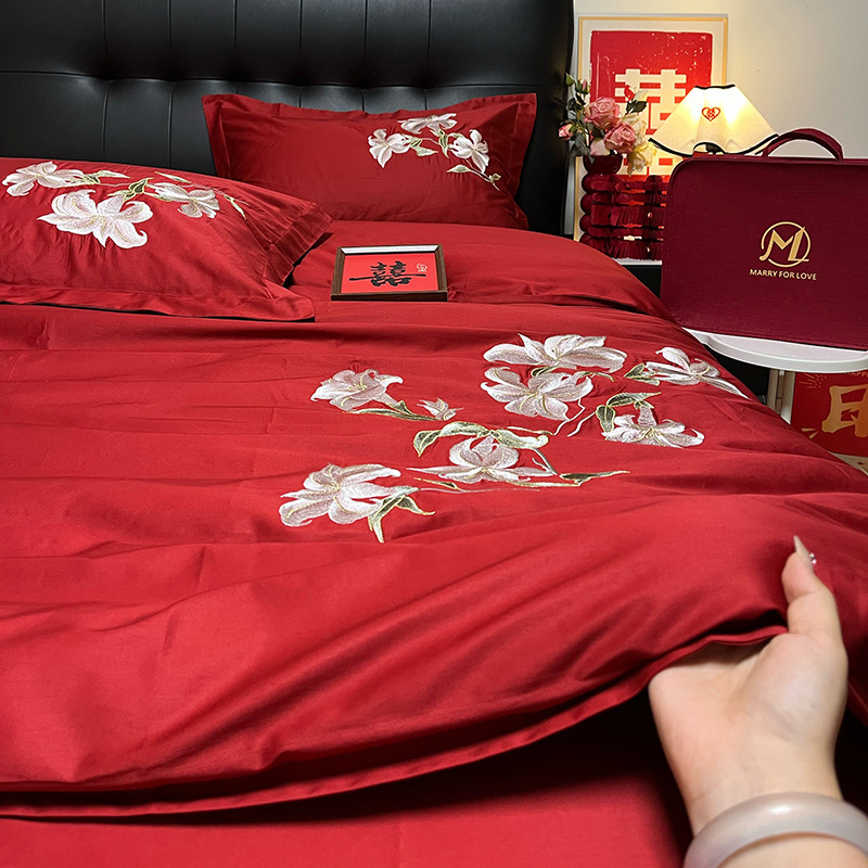 百年好合 新中式婚庆四件套绣花全棉纯棉红色结婚婚礼床上用品