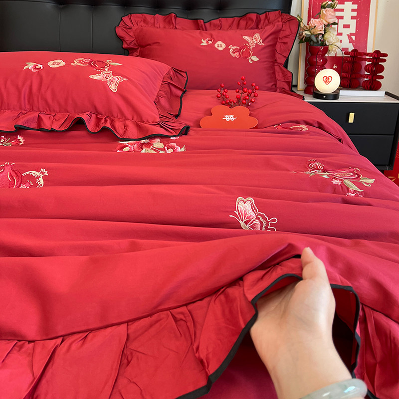 多子多福 婚庆四件套浪漫全棉纯棉结婚红色婚房婚礼绣花床上用品,床上用品,婚庆床品套件,淘宝优惠券,粉丝福利购,淘宝优惠卷
