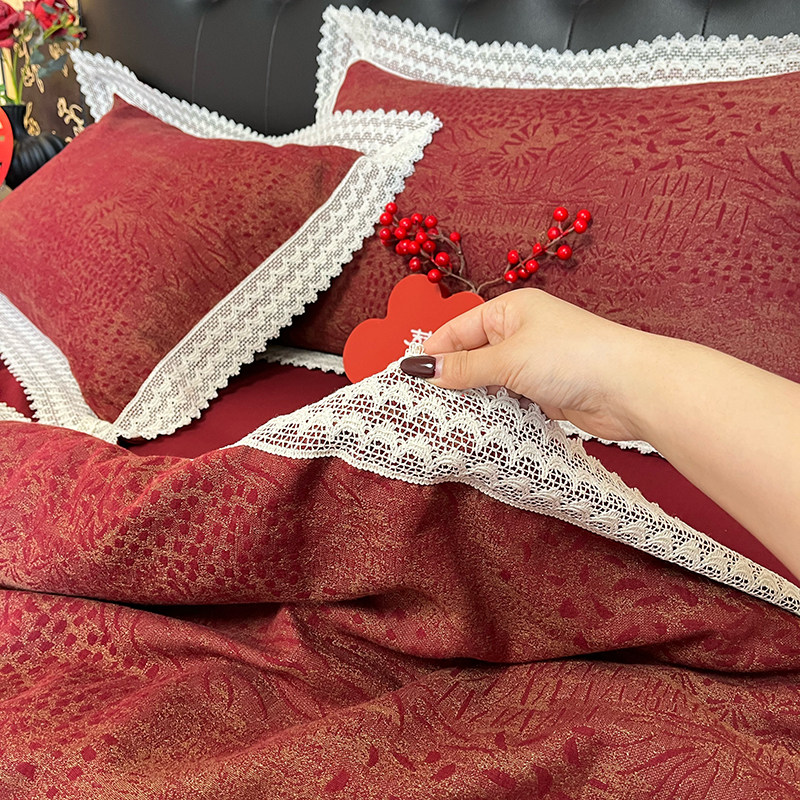 欧式复古 色织提花婚庆全棉四件套纯棉红色结新婚蕾丝边床上用品