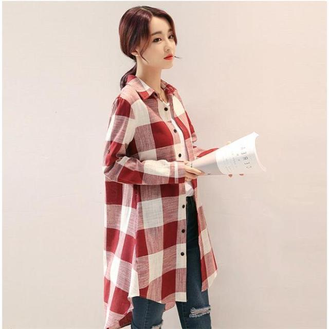 时尚格子衬衣女春秋新款设计感长短袖中长款衬衫大码宽松休闲外套