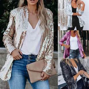 Sequined 2022春新品 外套女上衣长袖 亮片翻领休闲西装 jacket 时尚
