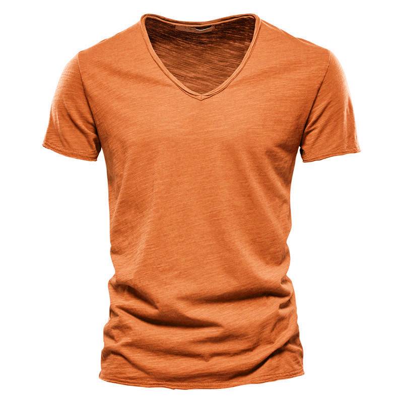 欧美夏季跨境爆款男式新款纯色竹节棉V领短袖T恤男士tshirt men。