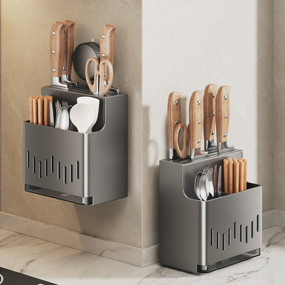 吸盘款不锈钢刀架厨房置物架壁挂式新款刀具筷子筒一体筷笼多功能