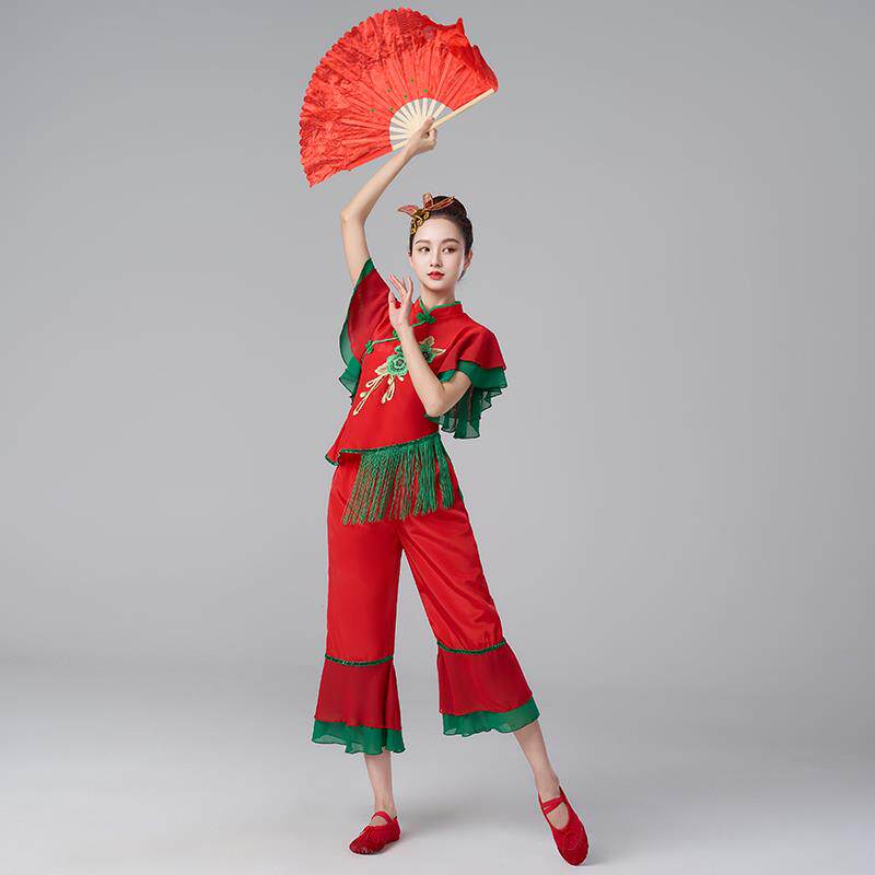 2024春夏新款秧歌舞蹈服女短袖红色喜庆开门红演出服中国风打鼓服