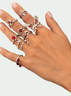 manjusaka欧美潮流！8 件套个性戒指，金属镶嵌宝石搭配滴油蝴蝶