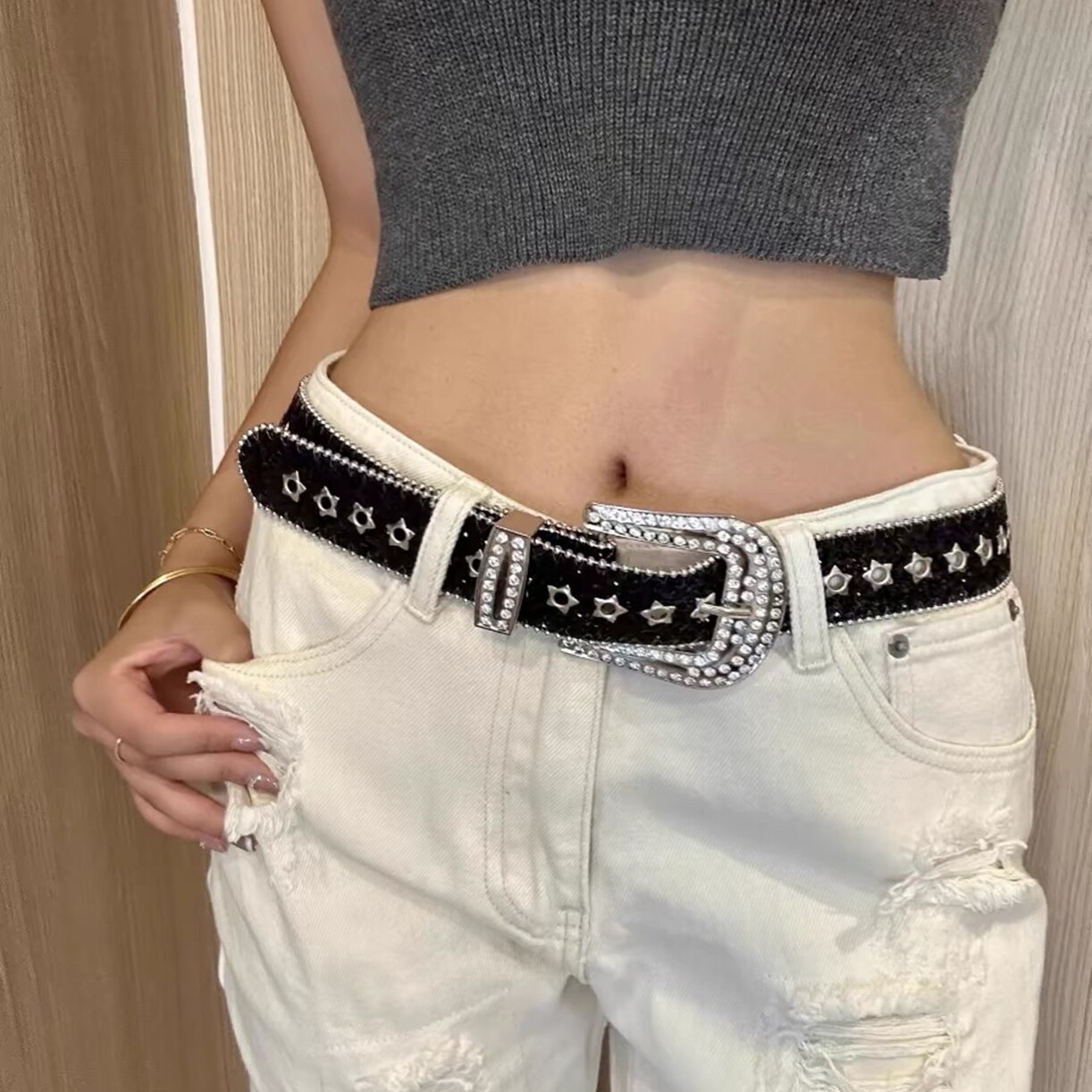 美式y2k辣妹腰带女小众设计感2024新款水钻镶嵌百搭皮带裤带配饰