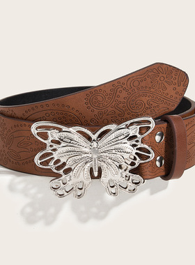 manjusaka 欧美风辣妹棕色纹理蝴蝶扣腰带特别印花皮带男女通用款