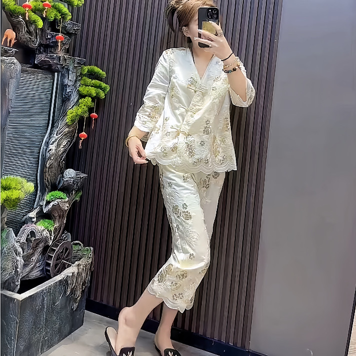 2025夏季新款新中式重工刺绣亮片七分袖宽松外套九分裤套装大码女