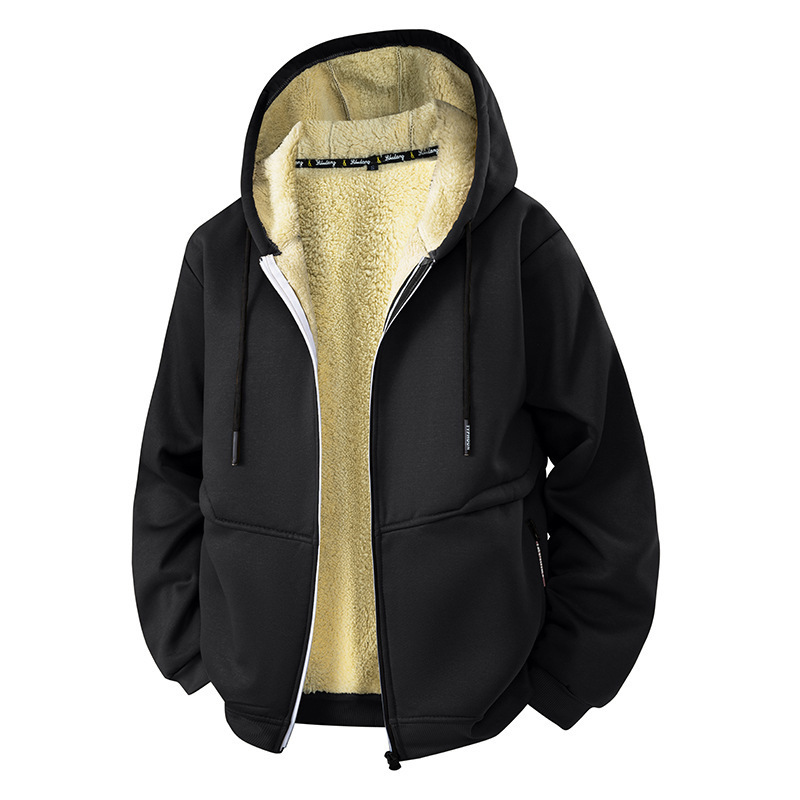 欧码亚马逊跨境秋冬季羊羔绒开衫外套男卫衣保暖防风加厚连帽夹克