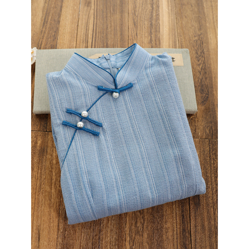 复古民国风蓝色条纹旗袍年春夏新款日常可穿改良年轻款一件直销