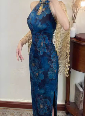 8522#自制新中式国风提花缎面挖肩旗袍连衣裙