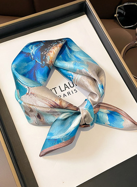 蓝色茶花53真丝丝巾女百搭桑蚕丝护颈小领巾方巾绑包送礼妈妈装饰