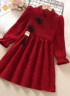 女童红色连衣裙加绒旗袍公主裙中国风新年儿童过年裙子复古拜年服