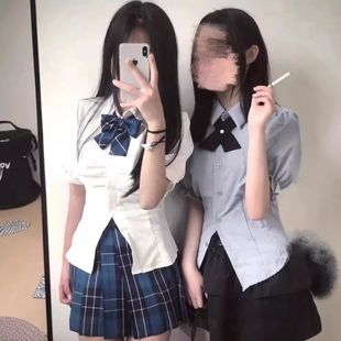 收腰格裙全套甜辣百搭夏季 日系学院短袖 jk衬衫 新款 衬衣 泡泡袖 修身