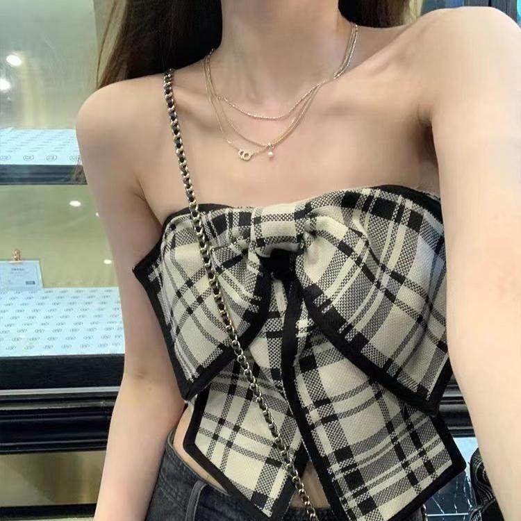 辣妹韩版胸前蝴蝶结设计抹胸复古抹胸