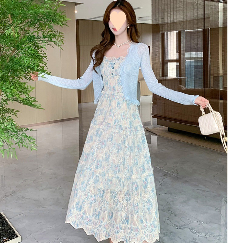 刺绣碎花吊带套装裙女网红叠穿晒开衫收腰显瘦连衣裙两件套