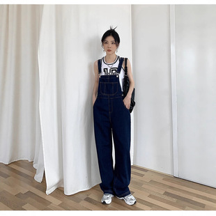 深蓝色宽松牛仔背带裤女夏季2025新款减龄高腰显瘦垂感阔腿连体裤