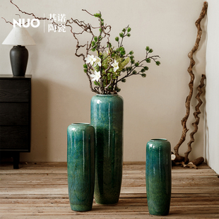 景德镇琉璃绿落地大花瓶插花长枝摆件客厅陶瓷高款陶罐插花仿真花