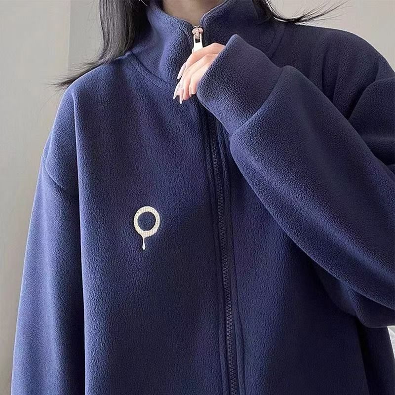 藏青色摇粒绒羊羔毛外套女秋