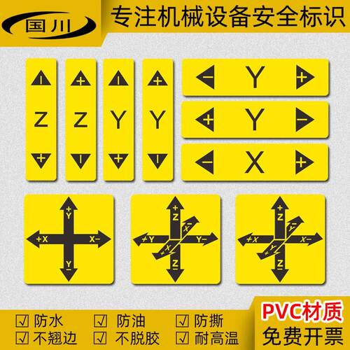 机床主轴旋转XYZ方向警示标识机械设备标志标签车床座标pvc不干胶