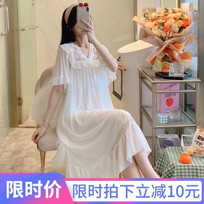 3莫代尔宫廷睡裙女夏季新款短袖蕾丝网纱公主仙女风可爱睡衣夏长裙