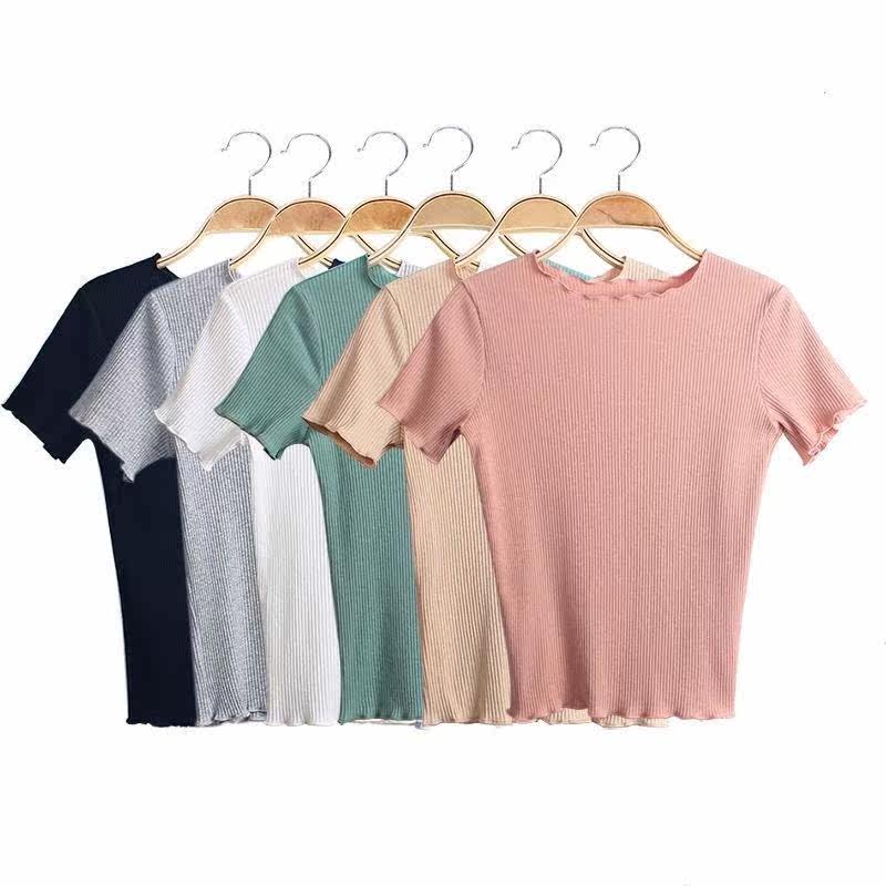 薄棉上衣纯色圆领短袖t恤女夏百搭木耳边修身显瘦韩版露肩打底衫在类目 女装/女士精品, 蕾丝衫/雪纺衫中 - 来自Buy2taobao.com提供专业的淘宝代购服务