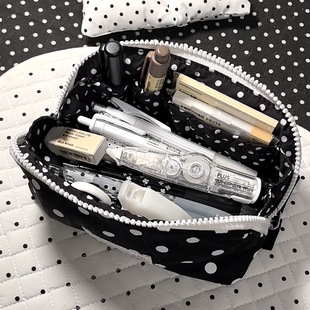 简约波点黑色大开口笔袋学生ins风高颜值大容量耐脏铅笔盒文具袋