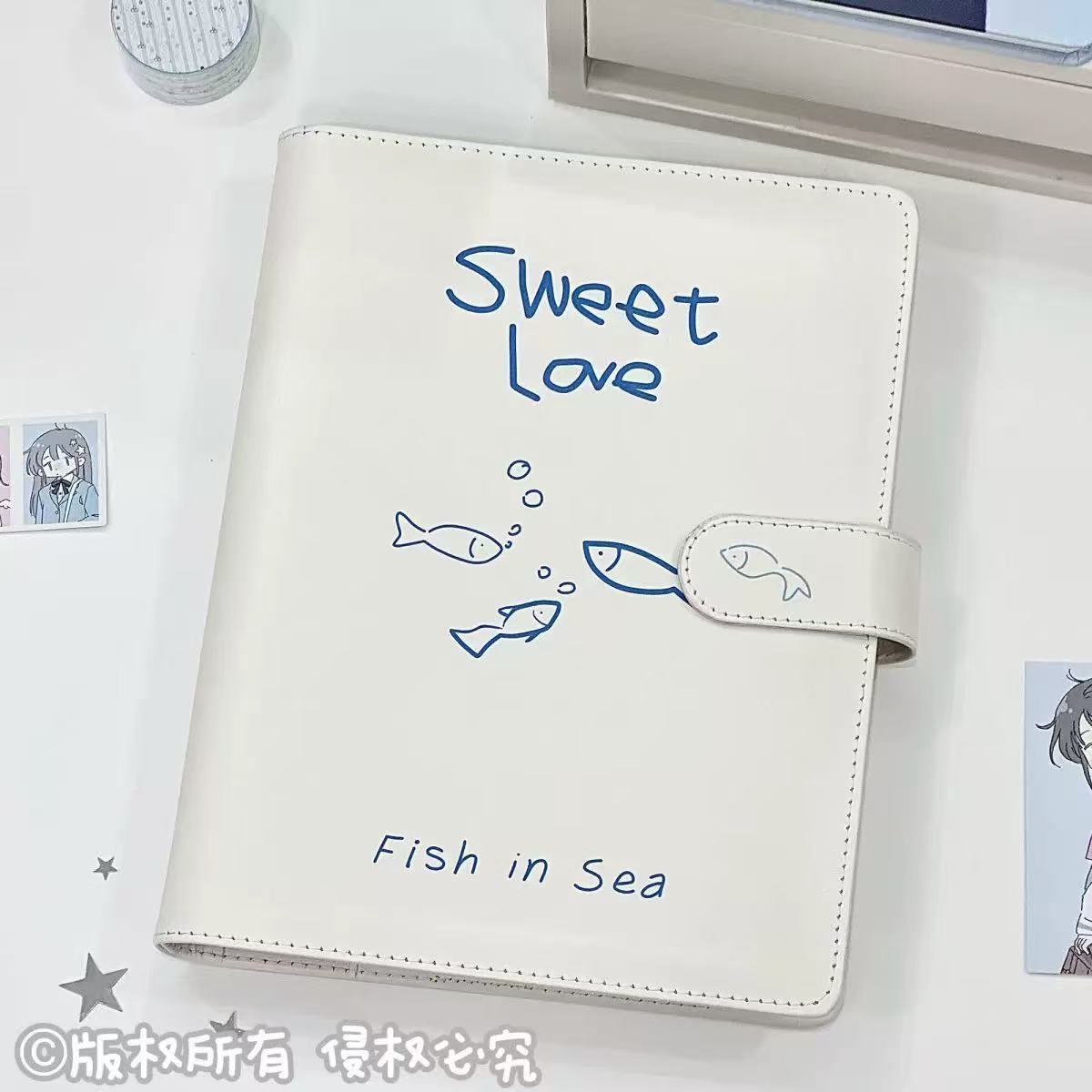 ins风气泡小鱼A5皮质活页笔记本