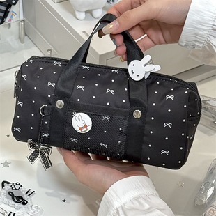 原创暗夜黑波点蝴蝶结手提笔袋ins小众高颜值大容量铅笔盒文具袋
