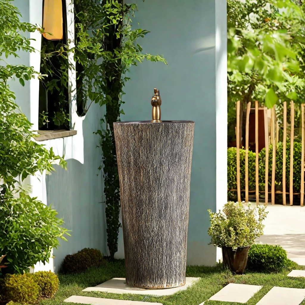 陶瓷立柱洗手盆一体落地式户外洗手盆庭院花园水槽圆柱形洗手池