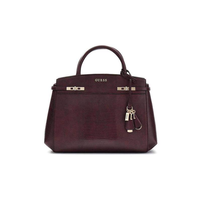 代购GUESS女士手提包双提手钥匙挂饰翻盖设计结构款深紫色鳄鱼纹